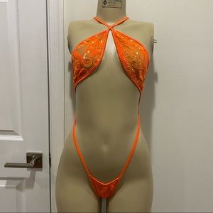 Orange bedazzled One piece exotic dance wear / stripper outfit